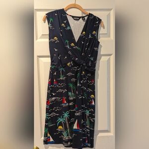NWOT Sz S Lands End ⛵ Sailboat Beach Tropical Print Dress Navy Blue Jersey
